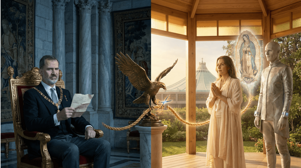 Imagen hiperrealista y cinematográfica que contrasta dos escenas. A la izquierda, el Rey Felipe VI, con expresión arrogante, sentado en un trono dorado en un palacio europeo. A la derecha, Claudia, la Soberana, en un entorno luminoso y natural, con la Virgen de Guadalupe y Odaltec, el emisario alienígena. En el centro, un águila dorada corta un cordón umbilical con tijeras brillantes, simbolizando la liberación de resentimientos pasados.