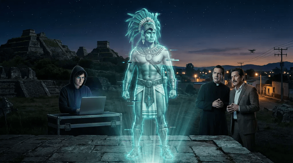Imagen hiperrealista y cinematográfica que muestra un holograma brillante y ligeramente distorsionado del guerrero tlaxcalteca Tlahuicole, de pie sobre un altar de piedra. A la izquierda, un joven con gafas trabaja en una laptop, proyectando el holograma. A la derecha, un sacerdote y un empresario observan la escena con expresiones de cálculo. El fondo fusiona pirámides prehispánicas con un pueblo rural moderno, bajo un cielo estrellado con un dron visible, simbolizando la manipulación de la historia y la fe a través de la tecnología.