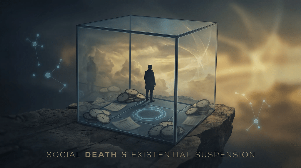 Ilustración conceptual de una silueta humana dentro de un cubo de cristal transparente rodeada de relojes sin manecillas, con un símbolo del Uróboros en el suelo y una luz dorada brillante en el horizonte exterior.
