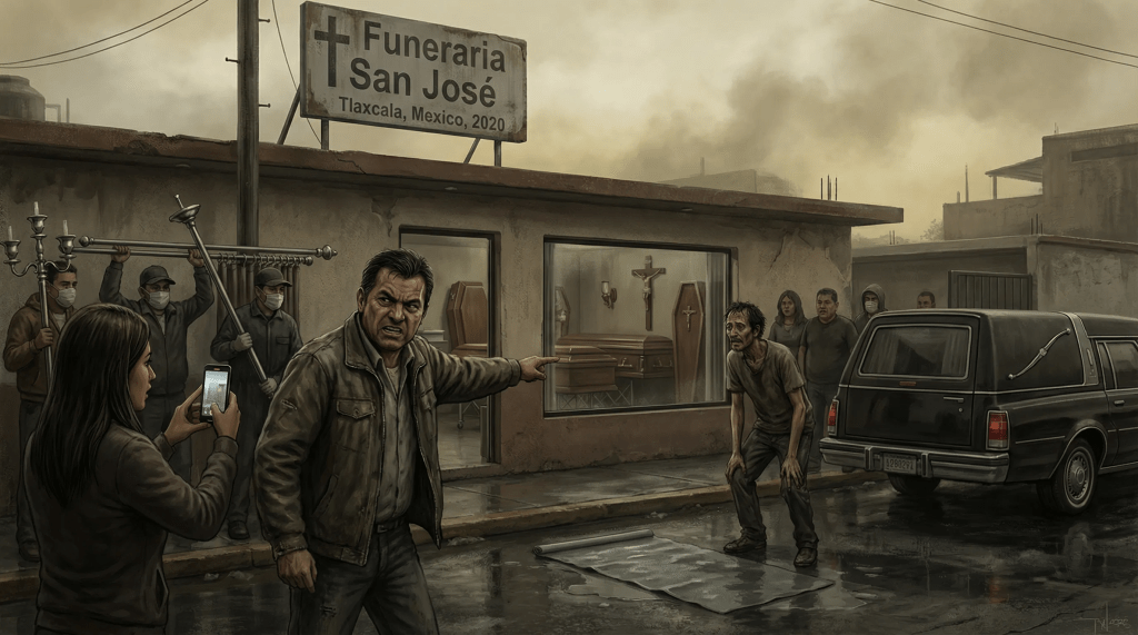 Ilustración cinematográfica de una confrontación frente a la "Funeraria San José" en Tlaxcala, con hombres portando candelabros como armas y una mujer grabando con su celular bajo un cielo turbio y opaco.