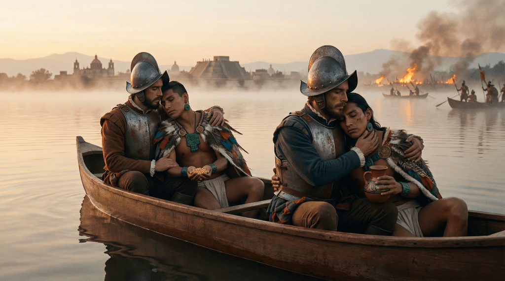 Imagen hiperrealista y cinematográfica de cuatro amantes en una canoa, navegando por un lago al amanecer. Dos de los hombres visten armaduras de soldados españoles y los otros dos visten indumentaria nativa prehispánica. Al fondo, se aprecian pirámides y el humo de la Noche Triste. Uno de los nativos sostiene semillas y el otro una vasija de pulque.