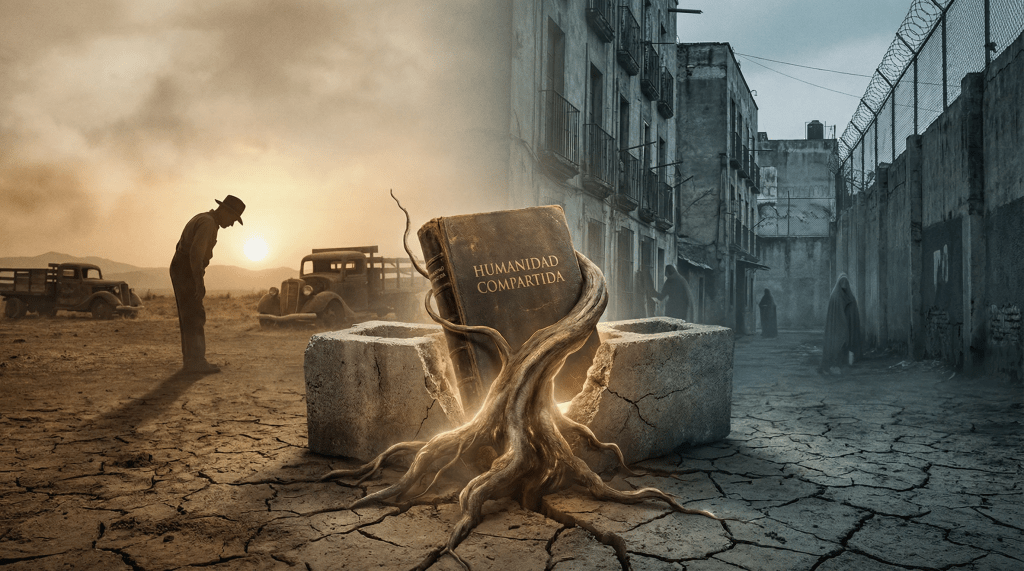 Imagen hiperrealista y cinematográfica que fusiona dos paisajes: a la izquierda, un campo árido de la Gran Depresión con un trabajador migrante (Steinbeck); a la derecha, un entorno urbano marginal con elementos que sugieren una prisión (Revueltas). En el centro, un libro antiguo con la inscripción "Humanidad Compartida" emerge de la tierra agrietada, simbolizando la conexión entre ambos autores. La atmósfera es melancólica pero esperanzadora, con una iluminación cálida al atardecer.