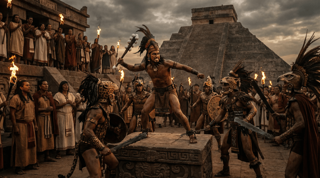 Imagen hiperrealista y cinematográfica del guerrero tlaxcalteca Tlahuicole durante su sacrificio gladiatorio. Tlahuicole, musculoso y con indumentaria de guerrero, está atado a una piedra ceremonial, luchando ferozmente contra múltiples caballeros águila y tigre aztecas. La escena se desarrolla en una plaza ceremonial azteca, con una multitud observando. La iluminación es dramática, resaltando la tensión y el coraje del guerrero