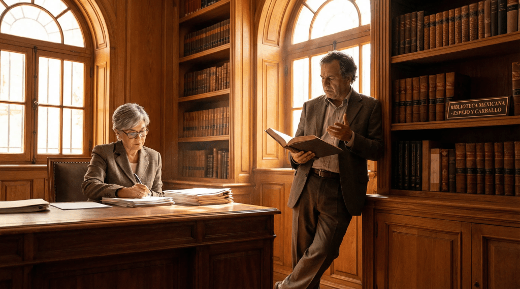 Imagen hiperrealista y cinematográfica de Beatriz Espejo y Emmanuel Carballo en una biblioteca. Espejo está sentada en un escritorio, escribiendo, mientras Carballo, de pie, lee un libro. El ambiente es cálido y académico, con estanterías llenas de libros y luz natural entrando por las ventanas. La escena evoca un profundo diálogo intelectual y el legado de ambos autores.
