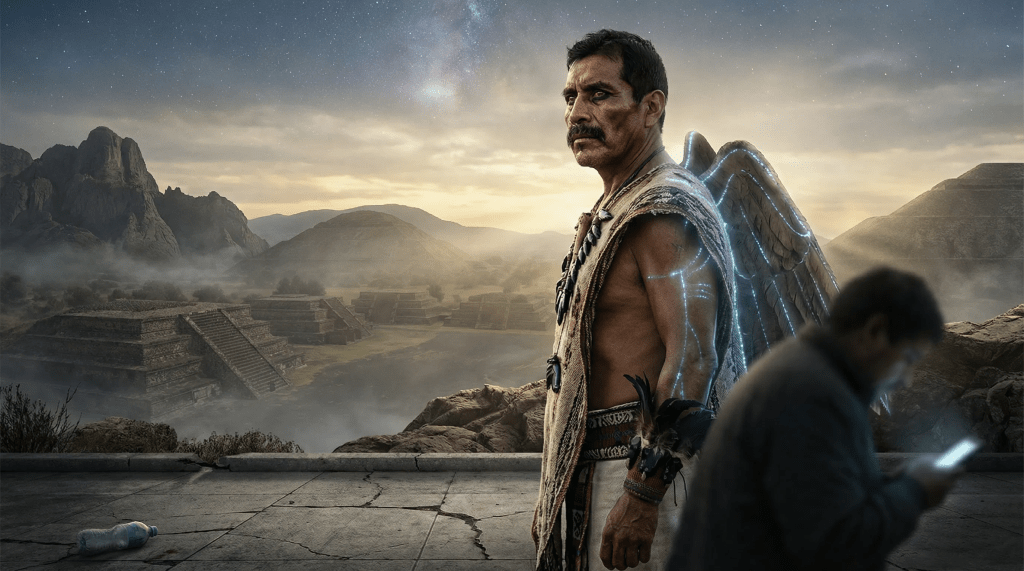 Imagen hiperrealista y cinematográfica de un poderoso semidiós tlaxcalteca, con piel bronceada, bigote y un aura de integridad y soberanía, con alas etéreas. Se alza sobre un paisaje antiguo de pirámides y montañas, bajo un cielo estrellado. En primer plano, un hombre moderno, borroso y encorvado, mira su teléfono, rodeado de basura, simbolizando el contraste entre el pasado glorioso y la decadencia actual.