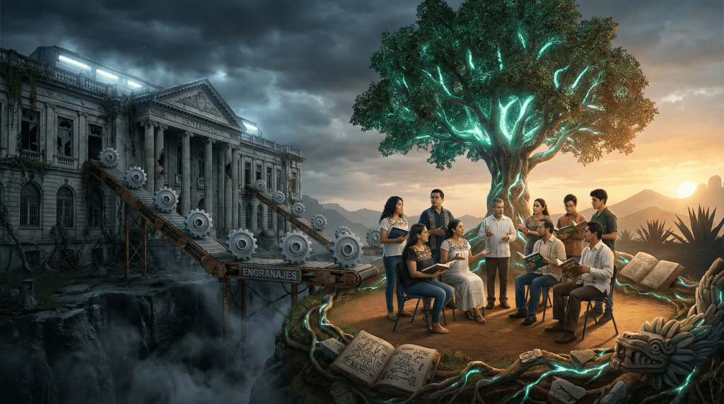 Imagen cinematográfica que muestra una universidad en ruinas expulsando engranajes industriales, en contraste con un grupo de estudiantes mexicanos reunidos bajo un árbol de conocimiento iluminado, rodeados de símbolos ancestrales y libros de humanidades, simbolizando el despertar del humanismo mexicano.