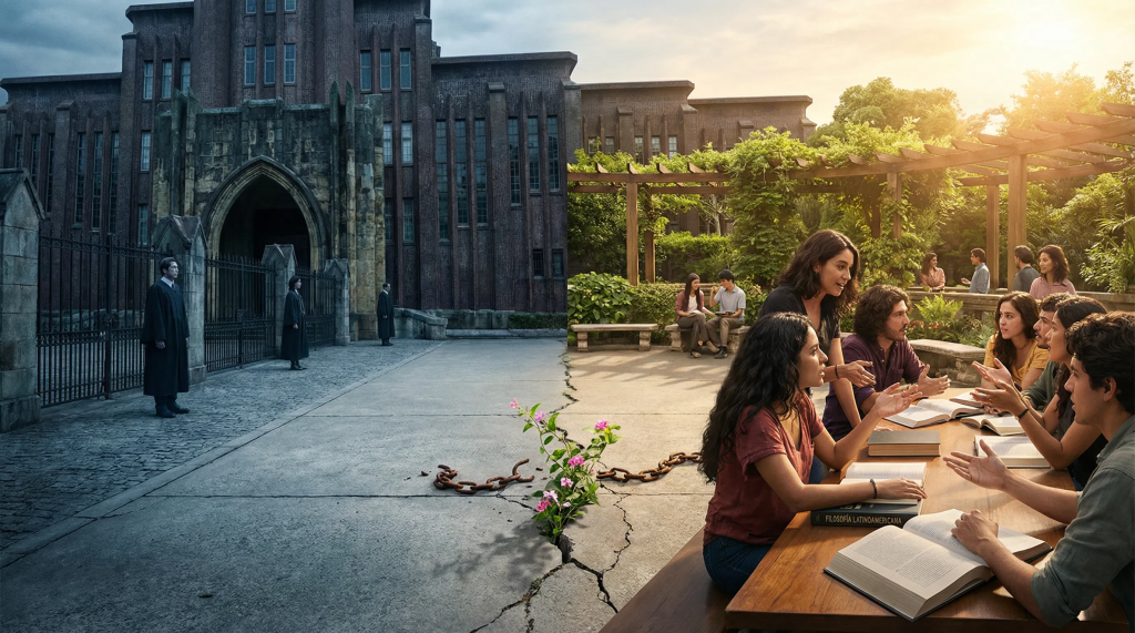 Imagen cinematográfica que divide la escena en dos: a la izquierda, un edificio universitario oscuro y frío que parece un mausoleo; a la derecha, un foro abierto y luminoso donde personas debaten apasionadamente con libros en mano, simbolizando la liberación del pensamiento crítico de las ataduras académicas.