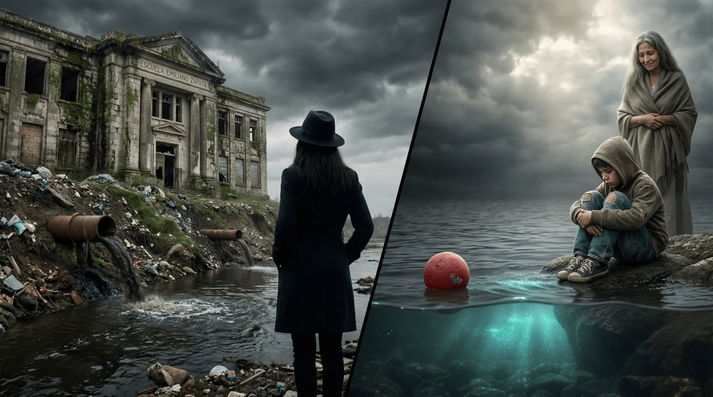 Imagen hiperrealista y cinematográfica que contrasta una escuela en ruinas junto a un río contaminado, simbolizando la corrupción, con un niño y una anciana observando el río, bajo cuya superficie se revela una caverna prehispánica iluminada, representando la memoria y la justicia de la naturaleza.