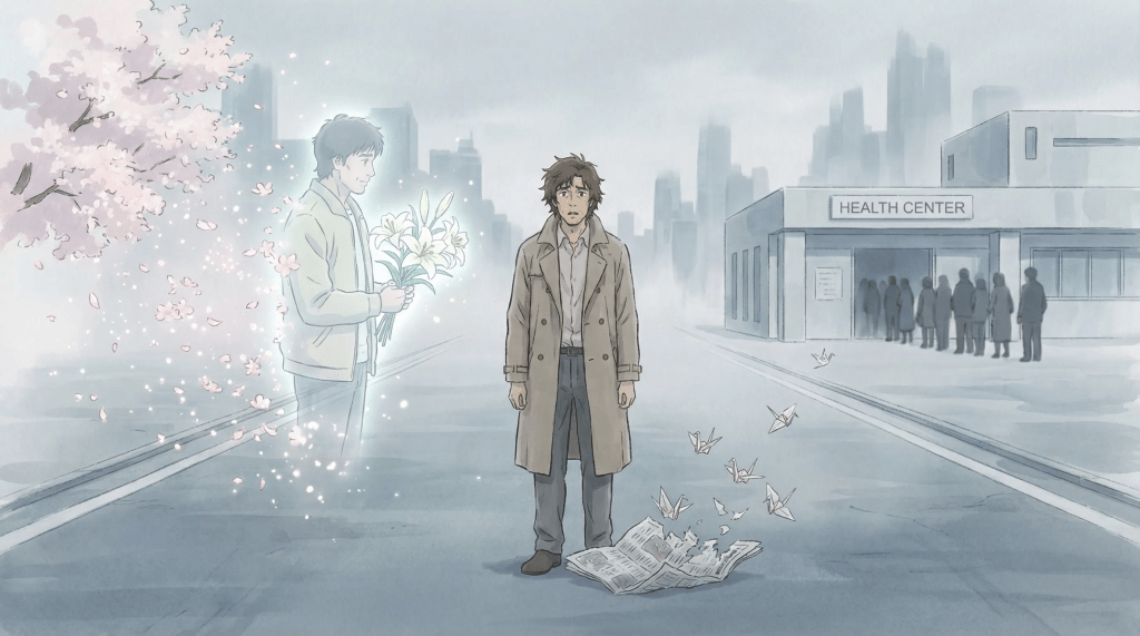 Ilustración estilo anime onírico de Daniel Cervantes, un hombre en un abrigo, caminando por una calle desierta. A su izquierda, una figura translúcida de su amigo Raúl Salas se disuelve en pétalos de cerezo. Un periódico se convierte en grullas de papel. Al fondo, un centro de salud minimalista con una fila de figuras inmóviles. La escena evoca un silencio profundo y una transición surrealista.