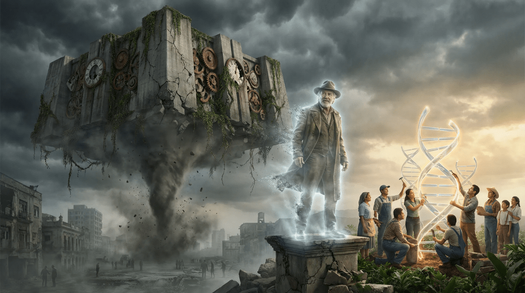 Imagen hiperrealista y cinematográfica que muestra a un líder carismático translúcido sobre un pedestal desmoronado, frente a una fortaleza burocrática en ruinas. Un vórtice oscuro desciende sobre un paisaje municipal desolado. En contraste, un grupo de ciudadanos mexicanos construye una estructura luminosa de doble hélice, simbolizando una ideología clara y una ciudadanía crítica, bajo un cielo que transita de la tormenta al amanecer.