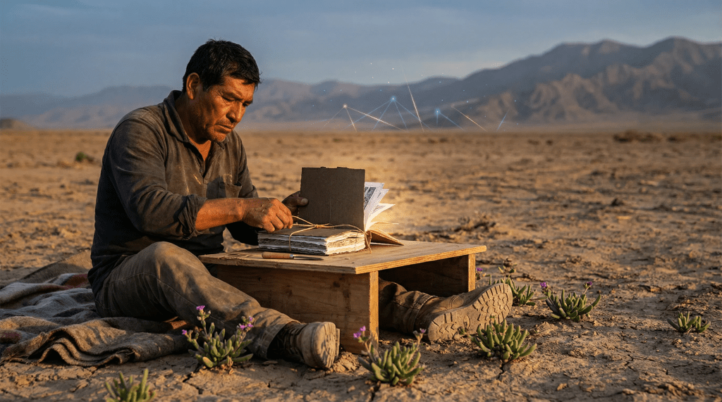 Imagen hiperrealista y cinematográfica de un hombre, que representa a José Pérez Márquez, sentado en un vasto desierto árido. Está concentrado en la creación manual de un libro, cuyas páginas emiten una luz sutil. Pequeñas plantas vibrantes brotan de la tierra agrietada a su alrededor. En el fondo, una tenue red etérea de luces simboliza su presencia digital. La escena está bañada por una luz dorada del atardecer, contrastando la inmensidad del desierto con la íntima y resiliente labor del poeta.