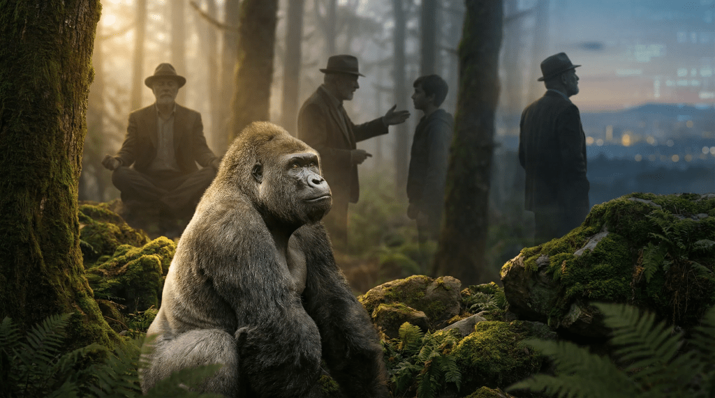 Imagen hiperrealista y cinematográfica de un majestuoso gorila de lomo plateado, con expresión serena y sabia, sentado tranquilamente en medio de un frondoso bosque antiguo. Sus ojos transmiten profunda comprensión y fuerza silenciosa. En el fondo, sutilmente integradas, se aprecian siluetas de hombres maduros (de 50 años o más) realizando actividades reflexivas: uno meditando, otro ofreciendo orientación a una persona más joven, un tercero observando un vasto paisaje con una mirada conocedora. La iluminación es suave y dorada, enfatizando la dignidad y la seriedad del gorila y los hombres. La atmósfera general evoca sabiduría, paz y el profundo valor de la experiencia acumulada, contrastando con un sutil indicio del mundo moderno, acelerado y obsesionado con la juventud, en la lejanía (por ejemplo, luces borrosas de la ciudad o patrones digitales tenues).