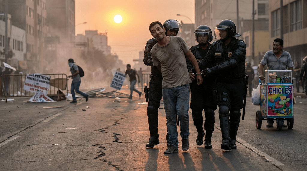 Imagen hiperrealista y cinematográfica que muestra a un hombre con una sonrisa cínica, siendo esposado por dos policías antidisturbios (Robocops) en medio de una calle caótica. Al fondo, una protesta dispersa con pancartas abandonadas y gente huyendo. El sol, como una yema de huevo frita, ilumina la escena, creando un ambiente caluroso y absurdo. Un vendedor de chicles observa la escena con una mezcla de lástima y curiosidad. La composición enfatiza la ironía de un espectador que se convierte en protagonista de una situación sin sentido.