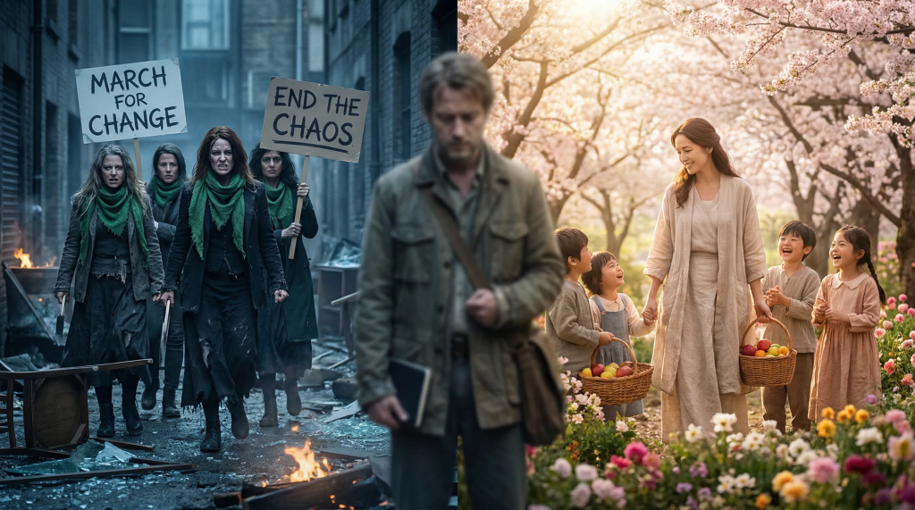 Imagen hiperrealista y cinematográfica dividida en dos. A la izquierda, un grupo de mujeres con pañoletas verdes y expresiones de enojo, marchando en un ambiente oscuro y caótico con escombros y fuego, representando el radicalismo de marzo. A la derecha, una mujer serena rodeada de niños y flores en un paisaje luminoso y florecido, simbolizando la tradición y la maternidad de mayo. En el centro, una figura masculina (el autor) observa ambas escenas con una expresión reflexiva, conectando los dos mundos contrastantes.