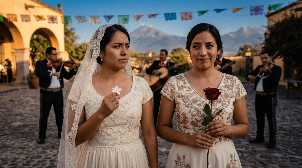 Imagen hiperrealista de dos hermanas gemelas idénticas vestidas de novia con trajes tradicionales mexicanos bordados. Una hermana tiene una expresión de preocupación y sostiene una flor blanca pequeña, mientras la otra muestra una sonrisa traviesa y sostiene una rosa roja. Al fondo, se aprecia una vibrante fiesta de pueblo con mariachis, decoraciones coloridas y la silueta de los volcanes bajo un cielo despejado.