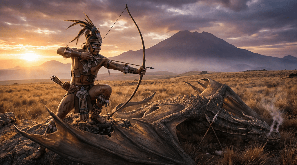 Imagen cinematográfica e hiperrealista que muestra al guerrero tlaxcalteca Tlahuicole en el altiplano, apuntando con su arco hacia el horizonte. A sus pies yace un enorme dragón derrotado, mientras al fondo se impone la silueta del volcán La Malinche bajo un cielo dramático al atardecer.