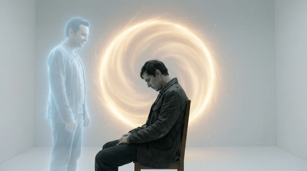 Imagen cinematográfica e hiperrealista en una habitación blanca minimalista. Un hombre está sentado en una silla, sin vida, mientras una figura etérea y traslúcida se mantiene de pie frente a él con una expresión compasiva. Detrás del cuerpo inerte, se abre un portal circular de luz dorada brillante que simboliza el tránsito hacia el más allá.