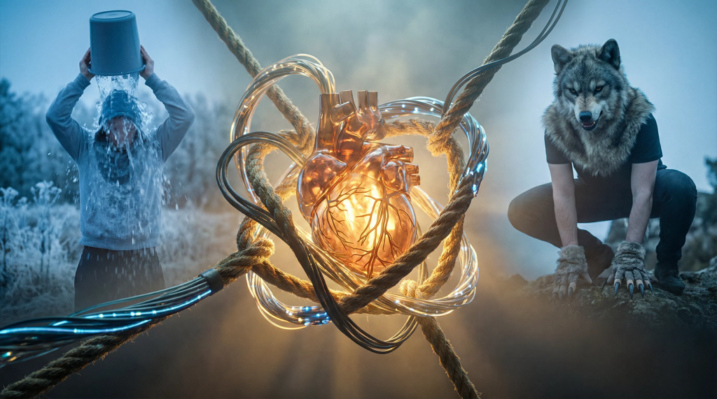 Imagen surrealista e hiperrealista que muestra un corazón humano luminoso atrapado en un nudo ciego de cables digitales y cuerdas. A los lados, se observan figuras que representan el Ice Bucket Challenge y la identidad Therian (una persona con máscara de lobo), simbolizando la presión de las tendencias modernas sobre la esencia humana.