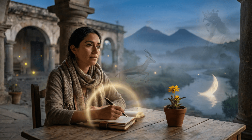 Imagen cinematográfica e hiperrealista de una mujer con expresión contemplativa, sentada en una mesa de madera al aire libre, escribiendo en un cuaderno. Sus manos emiten un brillo sutil y dorado, simbolizando la energía creativa y la recuperación. Al fondo, un paisaje onírico que fusiona elementos de Tlaxcala (volcanes, arquitectura tradicional) con representaciones abstractas de su poesía: luciérnagas, un río, una luna creciente, y contornos etéreos de una gacela y una emperatriz. Un pequeño girasol en una maceta sobre la mesa añade un toque de esperanza y vitalidad. La atmósfera es artística, introspectiva, resiliente y profundamente conectada con la naturaleza y la emoción humana.
