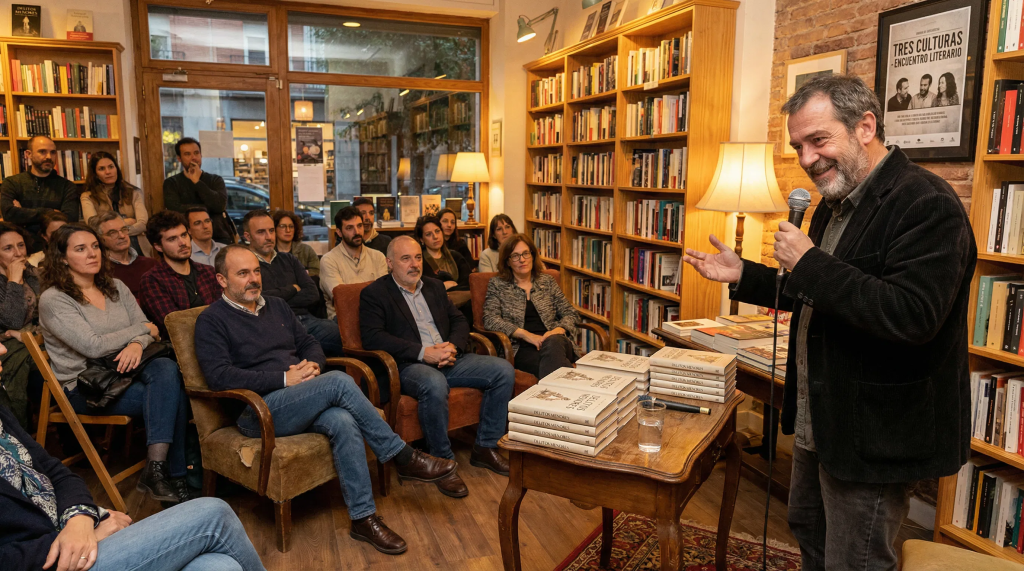 Imagen cinematográfica e hiperrealista de una presentación de libro en una acogedora librería clásica. Un escritor carismático con una sonrisa irónica habla ante un auditorio atento. Sobre una mesa se exhiben ejemplares de un libro titulado "Delitos Menores". La iluminación es cálida y dorada, destacando estanterías de madera llenas de libros al fondo. Se percibe una atmósfera intelectual y vibrante, con un cartel de "Tres Culturas" visible.
