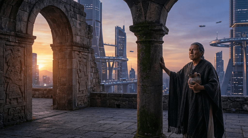 Imagen cinematográfica e hiperrealista que muestra en primer plano ruinas de piedra antiguas y desgastadas (evocando la arquitectura histórica de Tlaxcala) fusionándose sutilmente con paisajes urbanos modernos y futuristas en el fondo. La transición es fluida y simboliza cómo la historia informa la modernidad. Una figura sabia y contemplativa, con vestimenta tradicional, observa esta fusión, con una mano tocando suavemente un artefacto histórico. La iluminación mezcla tonos cálidos antiguos con tonos fríos modernos, creando una sensación de continuidad y evolución. La atmósfera es intelectual, reflexiva y visualmente rica, enfatizando la presencia perdurable de la historia en el mundo contemporáneo.