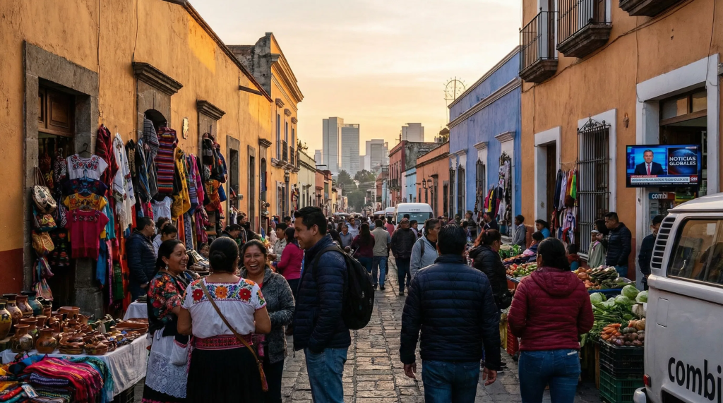 Imagen cinematográfica e hiperrealista que muestra en primer plano una vibrante y bulliciosa escena callejera en Tlaxcala, con arquitectura colonial, mercados tradicionales (tianguis) y personas interactuando. En el fondo, sutilmente integrados, hay elementos modernos como un horizonte urbano distante, una pantalla de televisión que refleja noticias globales y, quizás, un tenue contorno de una combi (transporte colectivo). La imagen debe transmitir las ricas capas históricas de Tlaxcala coexistiendo con la vida contemporánea, enfatizando la mezcla de tradición y modernidad. La atmósfera debe ser animada, colorida y profundamente arraigada en su identidad cultural.