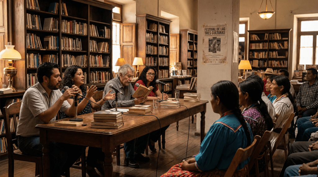 Imagen cinematográfica e hiperrealista de una presentación literaria en una librería clásica de Ciudad Cuauhtémoc, Chihuahua. Un grupo diverso de escritores (hombres y mujeres) dialoga apasionadamente en una mesa con libros y micrófonos. Entre el público se observa una mezcla representativa de las tres culturas: mestizos, menonitas y personas rarámuri con vestimenta tradicional, escuchando con atención. La librería está llena de estanterías de madera repletas de libros, y al fondo se aprecia un cartel del Festival de las Tres Culturas. La iluminación es cálida y dramática, capturando la emoción del momento.