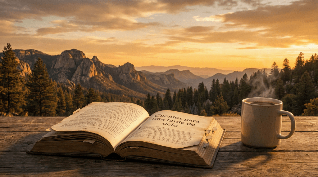 Imagen cinematográfica e hiperrealista de un libro abierto titulado 'Cuentos para una tarde de ocio' sobre una rústica mesa de madera. Las páginas están ligeramente gastadas, sugiriendo una lectura entrañable. Al fondo, se despliega un impresionante paisaje de la sierra de Chihuahua, con montañas escarpadas, pinos y un cielo vasto y claro. La iluminación es cálida y acogedora, como la del sol de la tarde, creando una atmósfera íntima pero expansiva. Una sutil taza de café o té acompaña al libro. El ambiente general es de contemplación tranquila y el placer de la lectura, profundamente conectado con el paisaje del norte de México.