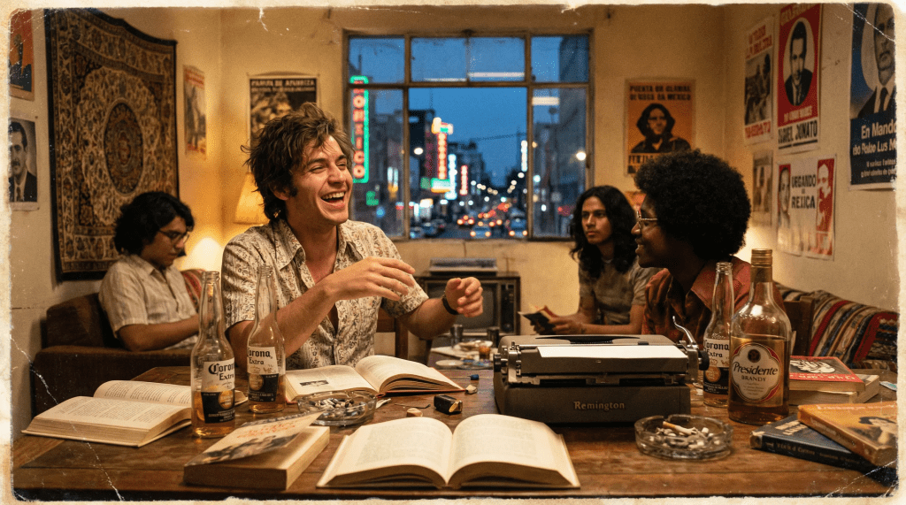 Imagen cinematográfica e hiperrealista que evoca la atmósfera bohemia de los años 70 y 80 en la Ciudad de México. En primer plano, un joven estudiante carismático ríe con amigos en una habitación de una casa de huéspedes. Sobre una mesa de madera desordenada hay libros, botellas vacías y una máquina de escribir antigua. A través de una ventana se aprecian las vibrantes calles de la ciudad iluminadas con neones nocturnos. La iluminación es cálida y nostálgica, capturando la alegría de las aventuras compartidas y la curiosidad intelectual.