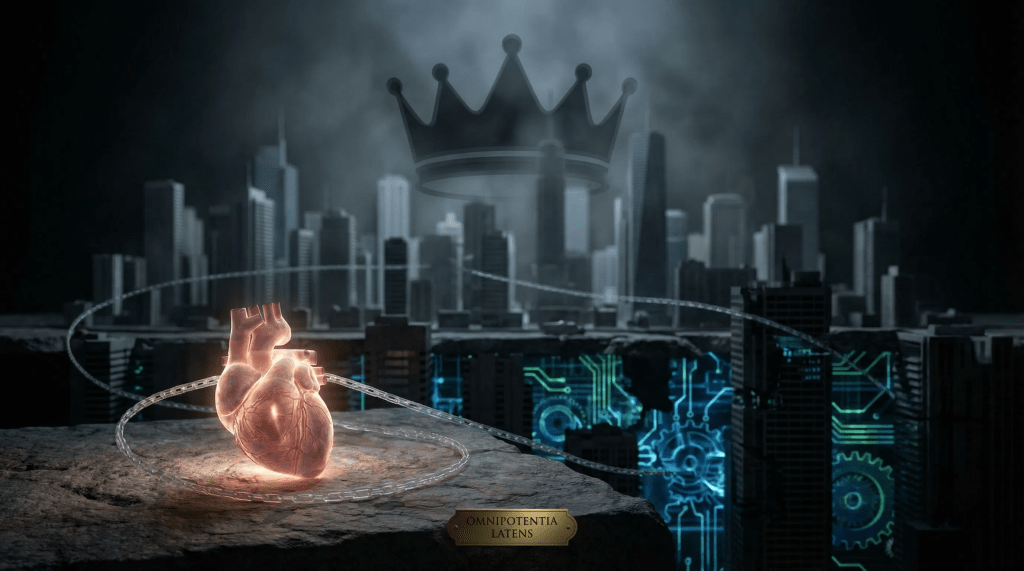 Imagen cinematográfica e hiperrealista. En primer plano, un corazón humano luminoso está sutilmente encadenado con una cadena casi invisible. Esta cadena se extiende hacia el fondo, donde se conecta con una corona real sombría que flota sobre un paisaje urbano moderno. La ciudad misma parece una fachada, con grietas que revelan patrones intrincados, casi digitales, debajo. La atmósfera general es de control oculto, manipulación sutil y un cuestionamiento de la libertad percibida. La iluminación es dramática, con sombras profundas y luces que enfatizan las conexiones ocultas.