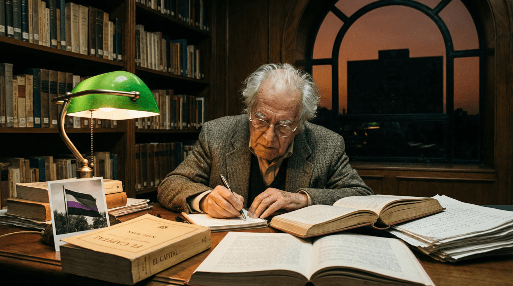 Filósofo anciano de cabello blanco y lentes redondos escribe con intensidad en un escritorio lleno de libros filosóficos en una biblioteca universitaria de Ciudad de México al atardecer, con un ejemplar de El Capital y manuscritos a la vista, evocando el exilio intelectual y la praxis filosófica.
