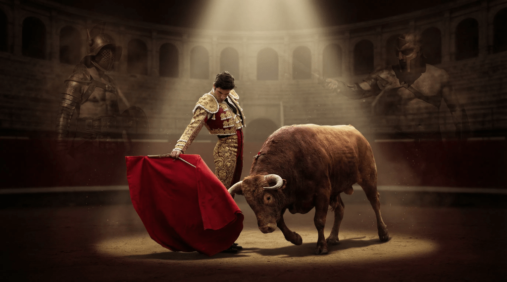 Imagen cinematográfica e hiperrealista. En el centro, un torero con un vibrante traje de luces realiza un pase elegante con un toro. El toro es poderoso y musculoso, con una expresión feroz, pero también con un sentido de compromiso ritual. La arena está tenuemente iluminada, con un foco dramático sobre el torero y el toro, enfatizando su danza. En el fondo, se aprecian sutiles superposiciones, casi fantasmales, de combates de gladiadores romanos antiguos, insinuando las raíces históricas. Los elementos rojos (sangre, capote) son prominentes pero estilizados, no sangrientos. La atmósfera es intensa, ritualista y sutilmente erótica, capturando la danza primal entre el hombre y la bestia.