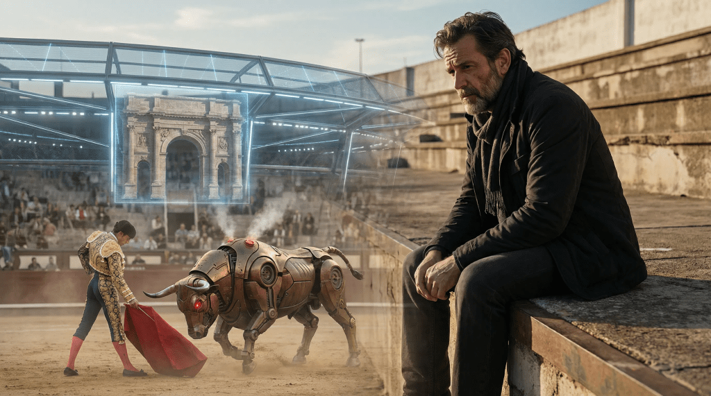 Imagen cinematográfica e hiperrealista. En primer plano, un hombre reflexivo observa una escena que fusiona el pasado y el futuro de la tauromaquia. Se superponen elementos de una corrida de toros tradicional con un torero y un toro, y un toro robótico futurista. El escenario es una plaza de toros que combina arquitectura clásica con tecnología avanzada. La atmósfera es de crítica y contemplación sobre la tradición, la evolución del entretenimiento y la ética de la interacción humano-animal. La iluminación dramática resalta el contraste entre épocas y el proceso de pensamiento del observador.