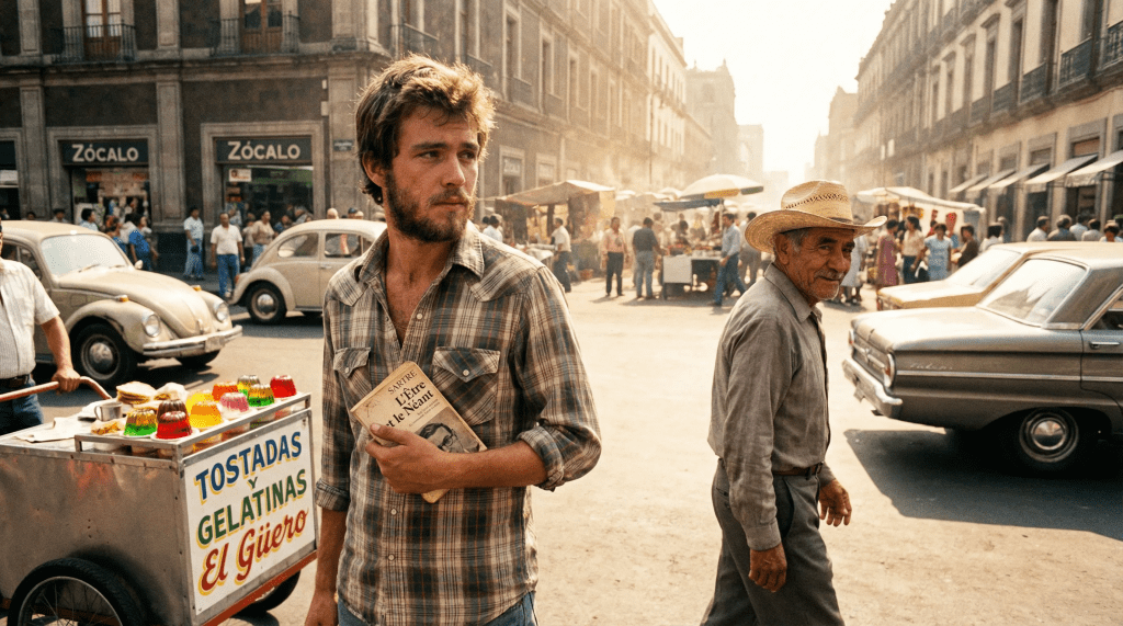 Imagen cinematográfica e hiperrealista ambientada en el bullicioso Centro Histórico de la Ciudad de México en 1985. En primer plano, un joven con expresión melancólica e intelectual, vestido con una camisa de cuadros ligeramente desaliñada, se encuentra junto a un carrito de gelatinas de colores. Sostiene un libro de filosofía (como 'El Ser y la Nada' de Sartre) en una mano, absorto en sus pensamientos en medio del vibrante caos. Al fondo, se vislumbra la arquitectura icónica del Zócalo o una calle colonial, con vendedores ambulantes, coches antiguos y una sensación general de la vida urbana de los años 80. Un hombre mayor de aspecto sabio, con el rostro curtido y manos callosas, se aleja del joven, mirando hacia atrás con una sutil sonrisa de complicidad. La iluminación mezcla la dura luz del sol del mediodía con el brillo nostálgico del pasado, enfatizando el contraste entre el mundo interior del joven y la vibrante realidad que lo rodea.