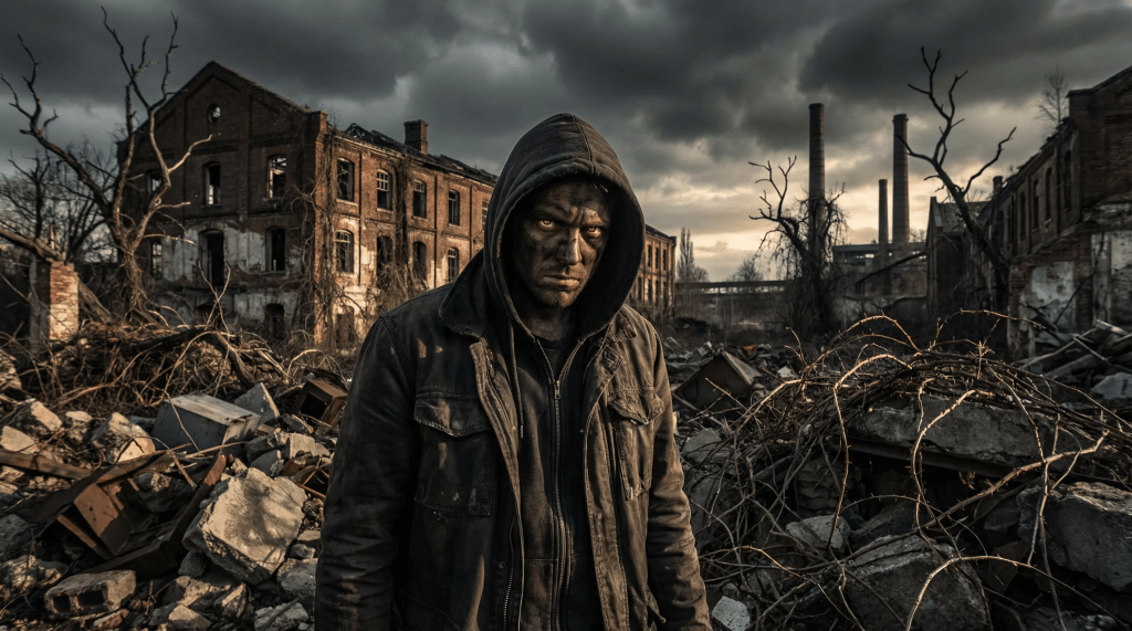 Imagen cinematográfica e hiperrealista de una figura desafiante con expresión feroz y ojos brillantes, en medio de un paisaje urbano desolado y ruinoso. El fondo muestra edificios coloniales en ruinas fusionándose con un cielo gris y contaminado, simbolizando una modernidad decadente. Elementos naturales retorcidos y espinosos se integran sutilmente, representando la lucha y la conexión visceral con la tierra. La atmósfera general es de angustia existencial, rebelión y búsqueda de significado en la desolación. La iluminación dramática resalta el contraste entre luces y sombras, enfatizando la emoción cruda y la dura realidad.