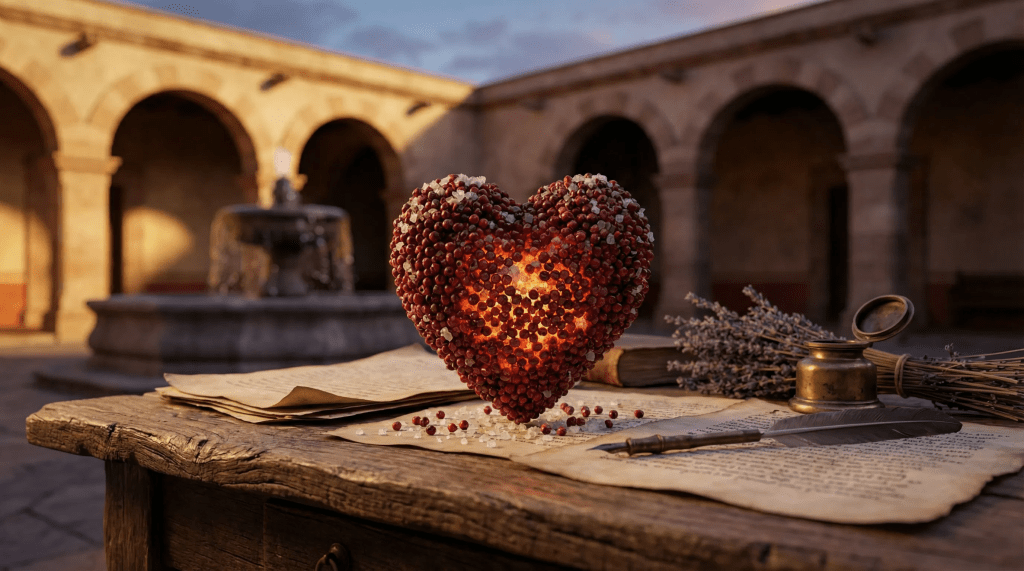 Imagen cinematográfica e hiperrealista de un corazón estilizado formado por granos de pimienta roja y cristales de sal, que emite una suave luz interna. El corazón reposa sobre una mesa de madera antigua con manuscritos, un tintero y lavanda seca. Al fondo, se aprecia un patio colonial tlaxcalteca con arcos de piedra bajo una luz de atardecer. La escena simboliza la pasión literaria, la identidad cultural de Tlaxcala y la esencia poética de la vida.