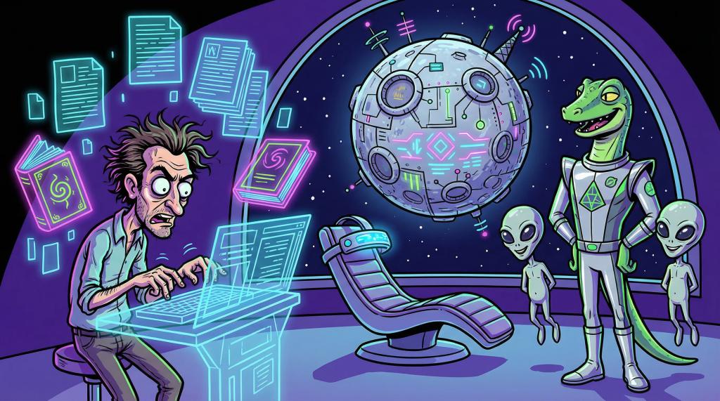 Ilustración de caricatura futurista con colores neón: un poeta desaliñado escribe frenéticamente en un escritorio holográfico mientras una Luna mecánica llena de antenas brilla en el espacio exterior. A su lado, un reptiliano vestido de comandante galáctico sonríe junto a dos seres grises, y una camilla futurista con diadema de control mental aguarda en el centro de la escena.