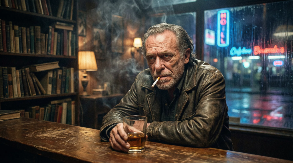 Imagen cinematográfica e hiperrealista de una figura que evoca a Charles Bukowski, con rostro curtido y un cigarrillo colgando de los labios, sentado en la barra de un bar tenuemente iluminado. Sus ojos reflejan una mezcla de cinismo y profunda observación. Al fondo, sutilmente integradas, se aprecian estanterías repletas de libros, creando una yuxtaposición entre su existencia cruda y su profundidad intelectual. La atmósfera es sombría, ahumada y melancólica, con luces de neón reflejándose en las calles mojadas a través de una ventana. La paleta de colores es apagada, con fuertes contrastes entre luces y sombras, enfatizando la emoción cruda y la realidad.