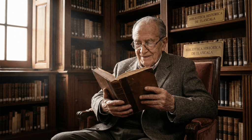 Imagen cinematográfica e hiperrealista de un distinguido intelectual de edad avanzada, con una mirada sabia y una sonrisa sutil, sentado en una biblioteca clásica rodeado de miles de libros antiguos. Sostiene un libro abierto con reverencia, iluminado por una luz cálida que entra por una ventana, resaltando las texturas del papel viejo y la madera. La atmósfera evoca la profundidad académica y el amor por el conocimiento regional de Tlaxcala.