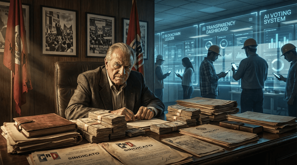 Imagen hiperrealista que contrasta un líder sindical del viejo régimen priista sentado ante pilas de dinero y documentos antiguos, con trabajadores modernos en segundo plano frente a interfaces digitales de blockchain, sistemas de votación y dashboards de transparencia, simbolizando el conflicto entre corrupción tradicional y transformación tecnológica en el sindicalismo mexicano.