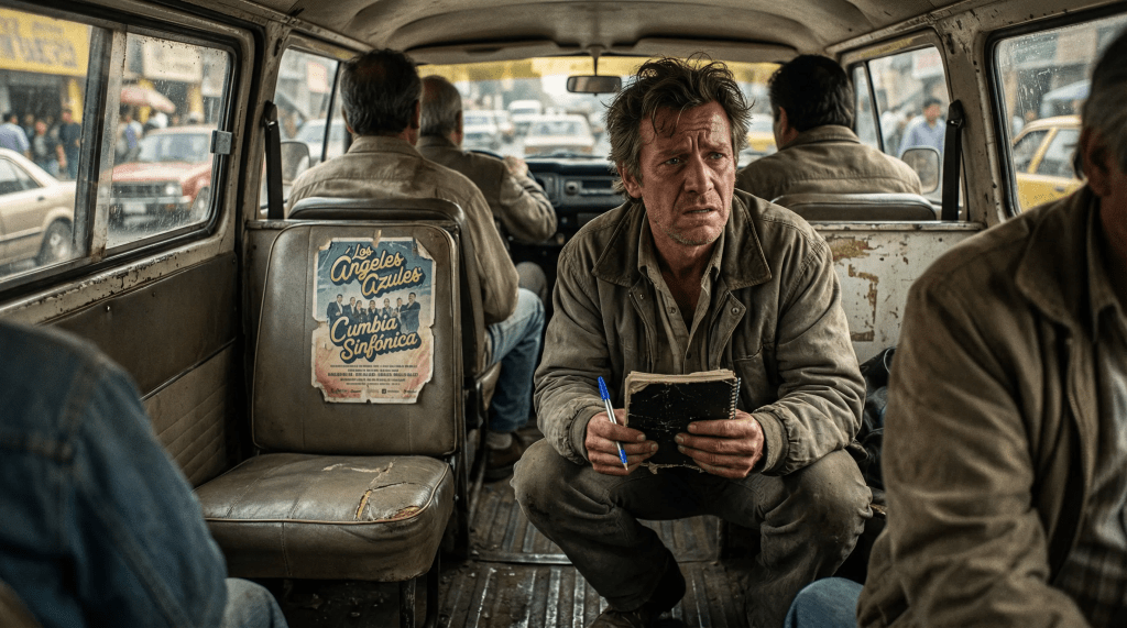 Imagen cinematográfica e hiperrealista de un escritor, con expresión de shock y desaliñado, agachado en el suelo de una combi mexicana atestada en los años 90. Recoge con reverencia una pequeña libreta gastada y un bolígrafo azul, mientras los demás pasajeros, figuras borrosas y anónimas, muestran indiferencia o miedo. El interior de la combi es rústico, con asientos desgastados y un cartel de cumbia. A través de la ventana, se vislumbra una calle bulliciosa. La iluminación es dura y realista, enfatizando la cruda realidad de la escena y el contraste entre el mundo intelectual del escritor y la calle.
