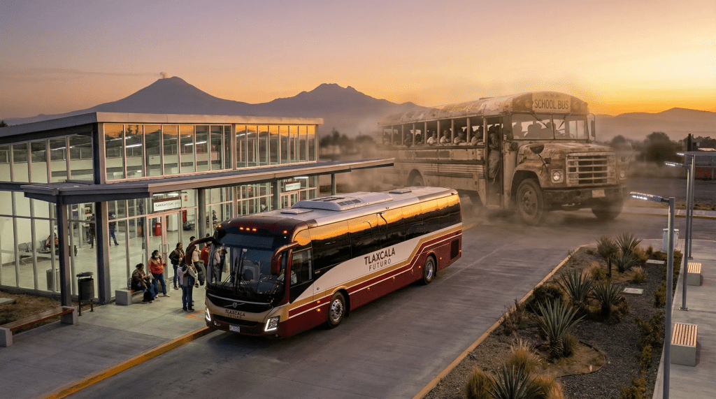 Imagen cinematográfica e hiperrealista que muestra una moderna terminal de autobuses en Tlaxcala con un autobús eléctrico de última generación. En el fondo, una vieja y oxidada "combi" de los años 70 se desvanece entre sombras, simbolizando la transición del monopolio a la modernidad. Al horizonte se aprecian los volcanes Popocatépetl e Iztaccíhuatl bajo un cielo de atardecer dorado.