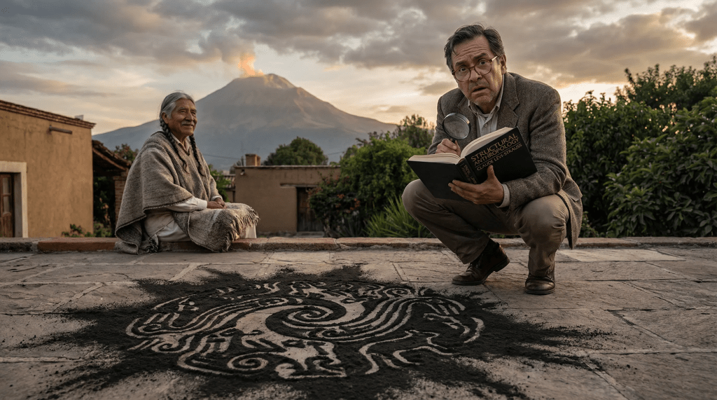 Imagen cinematográfica e hiperrealista. En primer plano, un jeroglífico detallado hecho de ceniza volcánica está grabado sutilmente en un patio de piedra. Los símbolos son intrincados y de aspecto antiguo. En el plano medio, un antropólogo académico, Eduardo Velazco, con una expresión perpleja y frustrada, sostiene un libro sobre estructuralismo (por ejemplo, Lévi-Strauss) y una lupa, tratando de descifrar los símbolos de ceniza. Su atuendo es moderno e intelectual. En el fondo, un anciano indígena, Don Matus, con una sonrisa serena y sabia, observa la escena desde la distancia, con la mirada dirigida hacia el volcát Popocatépetl, que está sutilmente activo con una columna de humo. El escenario es San Isidro Buen Suceso, Tlaxcala, con arquitectura tradicional y vegetación exuberante. La iluminación es dramática, con una mezcla de luz natural que resalta los símbolos de ceniza y un brillo sutil y místico que emana del volcán. La atmósfera general debe transmitir un choque entre la razón científica y la sabiduría ancestral.