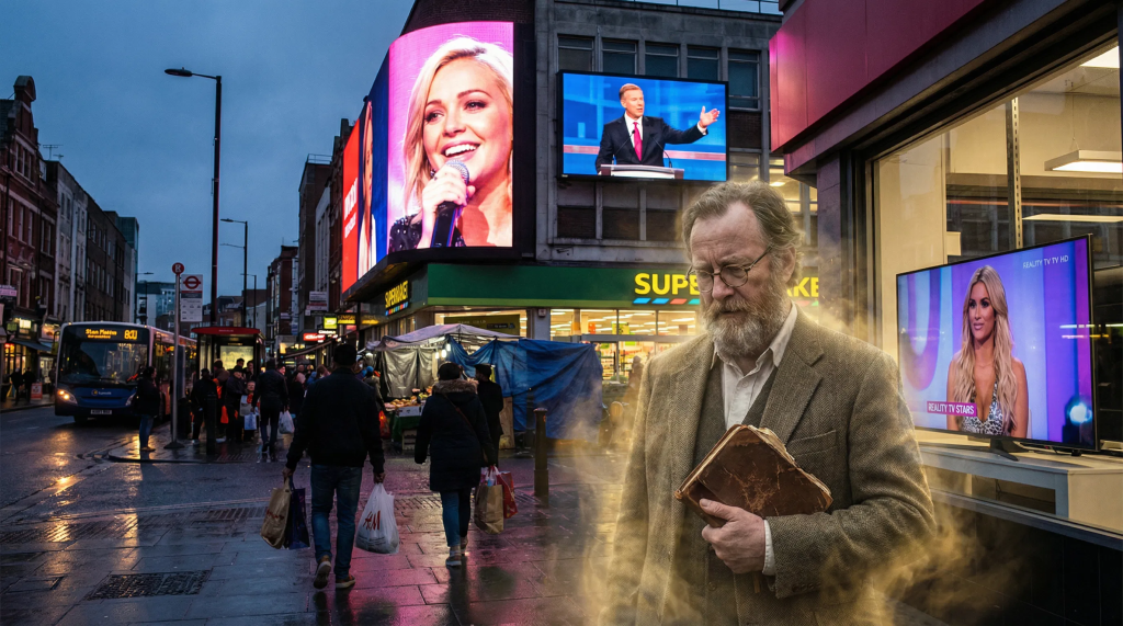 Imagen cinematográfica e hiperrealista. En primer plano, una figura intelectual clásica (que evoca a un filósofo o poeta), con una expresión pensativa, se desvanece o se vuelve translúcida sutilmente. Sostiene un libro gastado. A su alrededor, los elementos de la cultura de masas son vibrantes y dominantes: una gran pantalla de televisión brillante que muestra a una celebridad, una valla publicitaria con una estrella del pop y un político dando un discurso. En el fondo, una escena urbana mundana: un pasillo de supermercado con carritos de compra, un mercado callejero (tianguis) con gente cargando bolsas y una parada de autobús. La atmósfera general debe transmitir la pérdida de autoridad y relevancia del intelectual en un mundo dominado por los medios de comunicación masiva y el consumismo. La iluminación debe ser dramática, destacando el contraste entre el intelectual que se desvanece y la cultura de masas vívida y abrumadora.