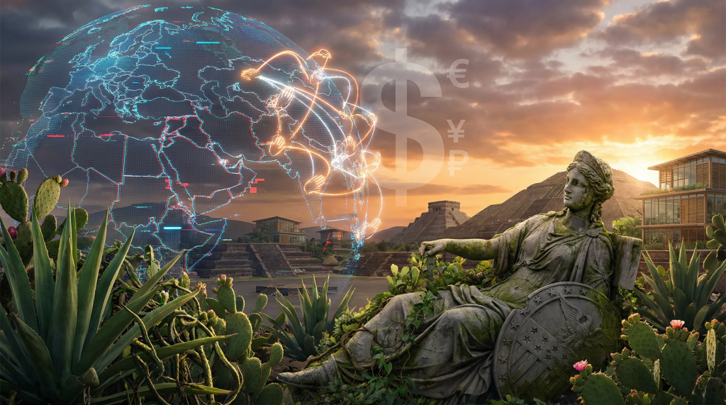 Imagen cinematográfica e hiperrealista. En primer plano, una estatua clásica desmoronándose y erosionada (simbolizando un imperio en declive, quizás con sutil iconografía estadounidense) está siendo lentamente cubierta por una vibrante y resistente flora nativa mexicana (agaves, nopales), representando la soberanía nacional y la fuerza cultural. En el plano medio, un mapa mundial fragmentado muestra áreas de conflicto (Medio Oriente) con sutiles fallas digitales, mientras que otras regiones están iluminadas por una red de manos brillantes e interconectadas (simbolizando el tercer sector/capital social). El símbolo del dólar se desvanece sutilmente o es reemplazado por otros símbolos monetarios. En el fondo, un nuevo amanecer se alza sobre un paisaje que mezcla antiguas pirámides mesoamericanas con arquitectura mexicana moderna y sostenible, sugiriendo una nueva era. La atmósfera general es de transición, resiliencia y el cambiante equilibrio del poder global. Iluminación dramática con fuertes contrastes entre lo viejo que decae y lo nuevo que emerge con vitalidad.