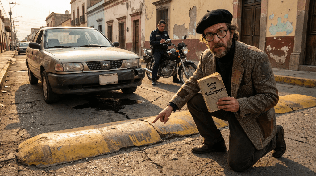 Imagen cinematográfica y satírica. Un "intelectual" de mediana edad con boina negra, gafas redondas y chaqueta de tweed desgastada está arrodillado en una calle polvorienta de México, señalando dramáticamente un tope pintado de amarillo como si fuera una reliquia sagrada. Sostiene un libro viejo de filosofía. Al fondo, un coche de los años 90 está averiado tras haber golpeado el tope, con aceite derramándose en el asfalto. A lo lejos, un oficial de tránsito aburrido escribe una multa, ignorando por completo la actuación del hombre. La iluminación es dramática, resaltando el contraste entre la supuesta profundidad filosófica y la realidad urbana decadente.