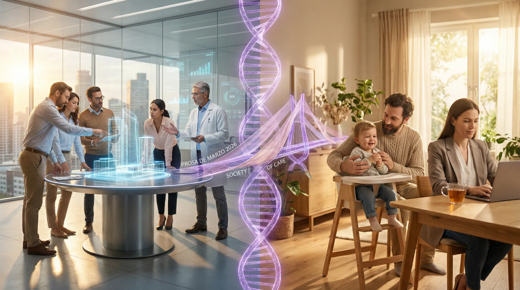 Imagen cinematográfica e hiperrealista para el ensayo "Prosa de Marzo" sobre democracia de género en 2026. La composición está dividida diagonalmente: de un lado, un espacio de trabajo moderno y tecnológico donde mujeres y hombres profesionales (ingenieros, científicos) colaboran como iguales frente a planos holográficos. Del otro lado, un interior hogareño cálido e iluminado por el sol donde un hombre cuida con ternura a un niño mientras una mujer trabaja en su laptop, simbolizando la corresponsabilidad doméstica y la "Sociedad del Cuidado". En el centro, donde ambos mundos se encuentran, una cinta púrpura estilizada (símbolo del Día Internacional de la Mujer) se transforma en un puente o una doble hélice similar al ADN, representando la fusión de roles y la ruptura de las jerarquías de género tradicionales. La iluminación es suave y dorada, creando una atmósfera de esperanza, equilibrio y justicia social.