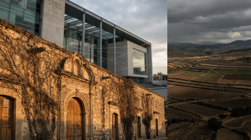 Imagen hiperrealista que yuxtapone una hacienda colonial tlaxcalteca cubierta de enredaderas con un moderno edificio legislativo y el valle agrícola al fondo, unidos por hilos dorados que simbolizan las redes de poder económico y político que atraviesan siglos de historia en Tlaxcala. Ilustra el ensayo "La república de los apellidos".
