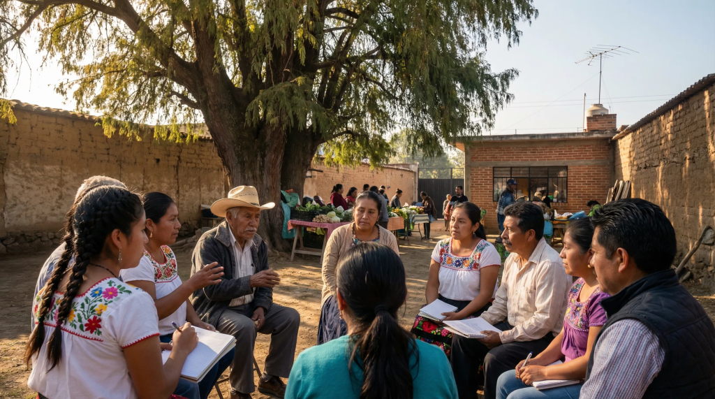 Fotografía hiperrealista de una asamblea comunitaria en una comunidad rural de Tlaxcala, México. Ciudadanos de distintas edades y orígenes deliberan en círculo bajo un árbol centenario, con cuadernos en mano y un mercado cooperativo al fondo. Imagen que ilustra el ensayo "Hacia una reconfiguración democrática del poder en Tlaxcala", sobre las propuestas ciudadanas para transformar las estructuras de poder regional.