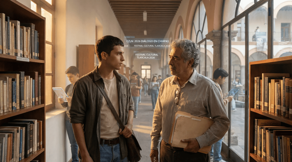 Imagen cinematográfica e hiperrealista para la crónica "Juan Bañuelos: Memoria Viva en los Pasillos de la Universidad (2026)". La escena representa un pasillo universitario en Tlaxcala, fusionando la estética de los años 90 con elementos de 2026. En primer plano, una versión más joven del autor (espigado, delgado, jovial) mira atentamente a un Juan Bañuelos mayor, quien camina con paso pausado, cabello canoso y rizado, lentes ligeramente caídos sobre la nariz, llevando carpetas. El pasillo está flanqueado por estanterías repletas de libros de poesía y filosofía. Al fondo, a través de grandes ventanales, se vislumbra un campus universitario moderno y vibrante, con estudiantes interactuando y sutiles pantallas holográficas que muestran noticias relacionadas con el EZLN y eventos culturales de 2026. La iluminación es suave y nostálgica, con un cálido resplandor sobre Bañuelos y el autor, contrastando con el fondo ligeramente futurista. La atmósfera evoca un legado intelectual, compromiso político y el poder perdurable de las palabras a través de las generaciones.